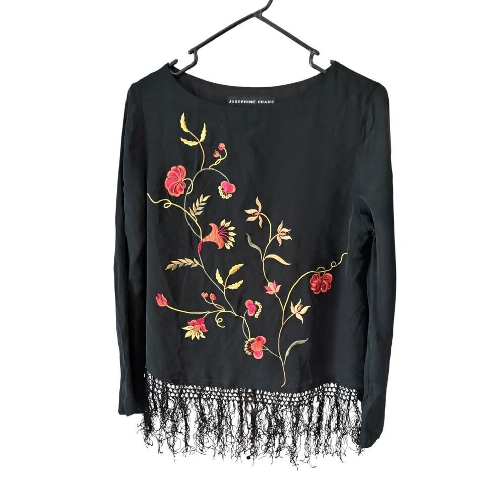 Josephine Chaus Women's Black Floral Embroidery With a  Crocheted Fringe Hem Top